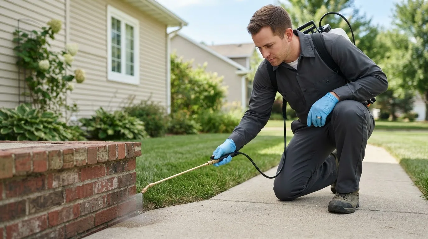 Pest control technician treating a home near Castaner, PR